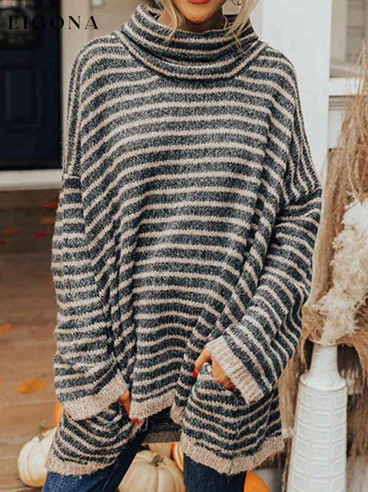 Striped Turtleneck Sweater with Pockets Black A@Y@M clothes Ship From Overseas Shipping Delay 09/29/2023 - 10/04/2023 sweater sweaters