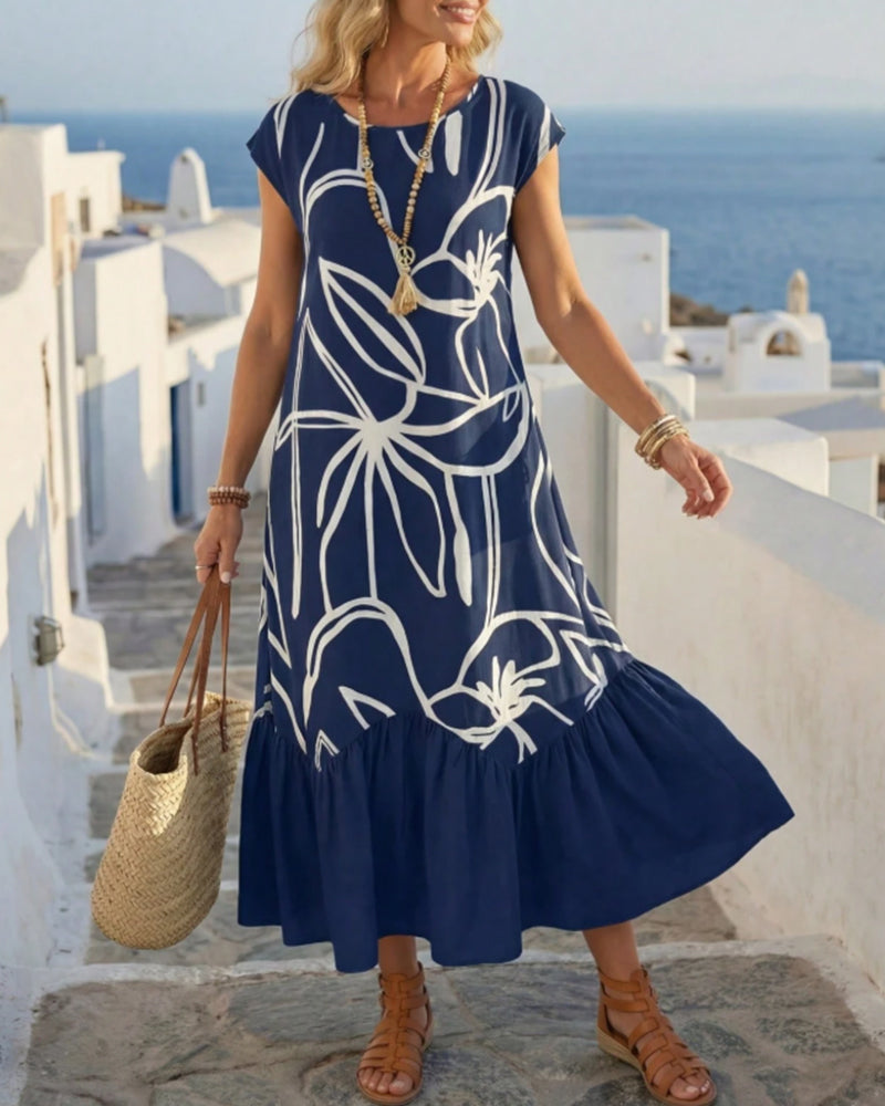 Round-Neck Printed A-Line Dress