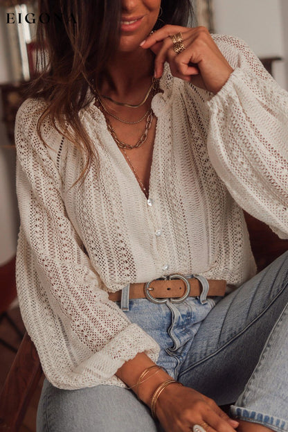 White V-Neck Long Sleeve Button Up Lace Shirt White 85%Cotton+15%Polyester All In Stock Best Sellers clothes Early Fall Collection EDM Monthly Recomend Fabric Lace long sleeve shirt long sleeve shirts Occasion Daily Print Solid Color Season Spring shirt shirts Style Elegant top tops