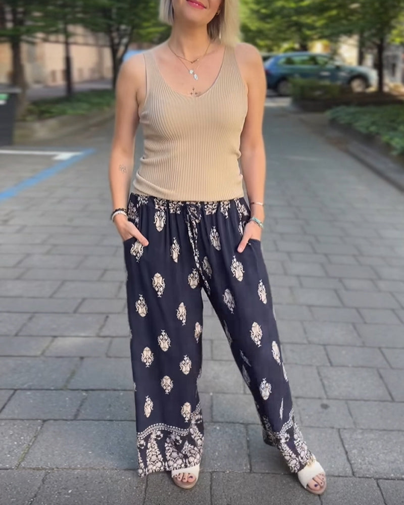 Vintage print drawstring casual trousers 202466 pants spring summer