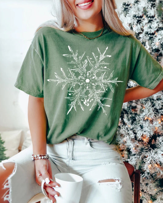 Simple Snowflake Print Round Neck Casual T-shirt 2024 f/w christmas summer t-shirts