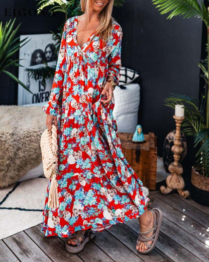 Floral skull print deep V long-sleeve vacation dress spring summer vacation dresses