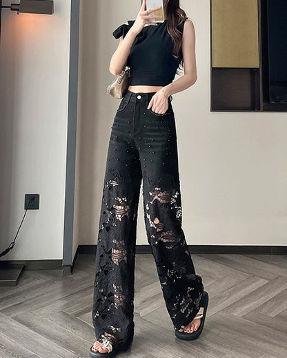 Women's Rhinestone Cutout Wide-Leg Jeans