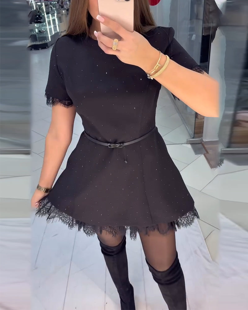 Sparkling Lace Short-Sleeve A-Line Dress