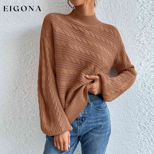 Cable-Knit Mock Neck Long Sleeve Sweater Caramel clothes M@F@Y Ship From Overseas