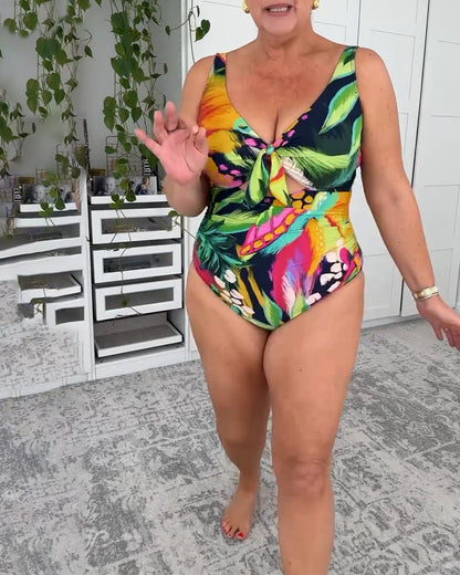 Einteiliger Badeanzug mit Blattmuster