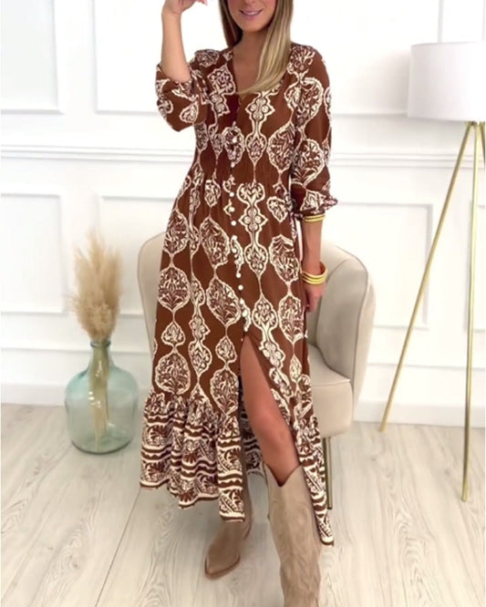 Vintage print V-neck button slit dress 2024 f/w casual dresses