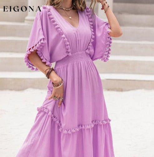 Tassel Trim Smocked V-Neck Short Sleeve Maxi Dress Heliotrope Purple casual dresses clothes dress dresses H.R.Z long sleeve dress maxi dress Ship From Overseas short dress short sleeve short sleeve dress short sleeve dresses