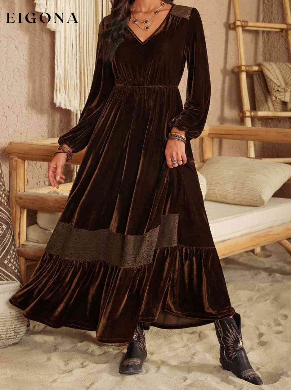 Ruffled V-Neck Long Sleeve Dress Chocolate clothes H.R.Z Ship From Overseas