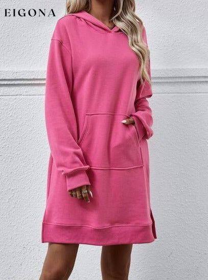 Slit Long Sleeve Hooded Dress with Pocket Hot Pink Changeable clothes Ship From Overseas