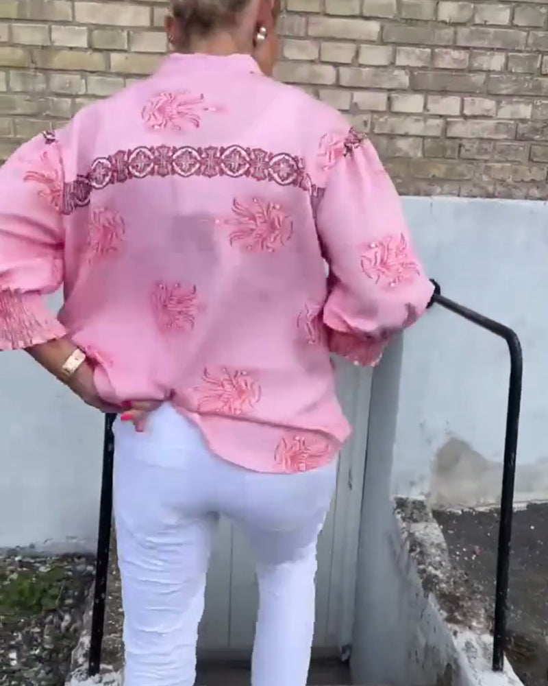 Camicetta stampata a maniche lunghe in pizzo