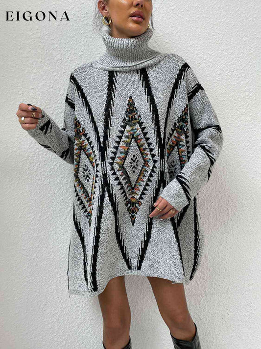 Turtleneck Slit Geometric Sweater Heather Gray clothes Romantichut Ship From Overseas sweater sweaters
