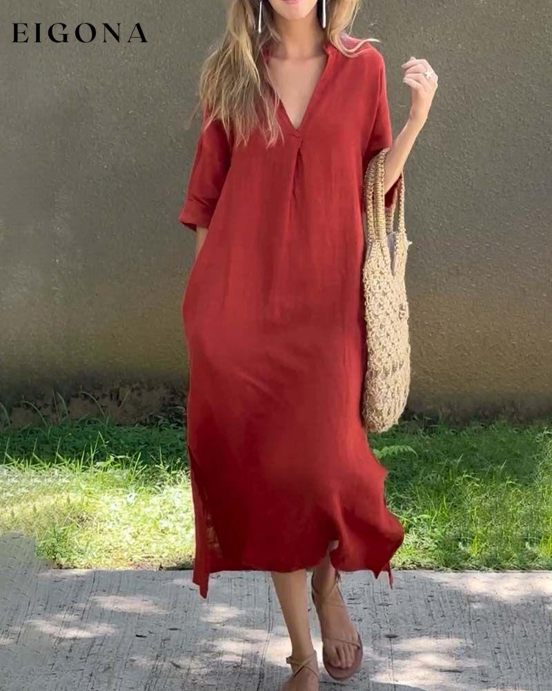 V-neck solid color pocket comfort dress casual dresses cotton and linen spring summer