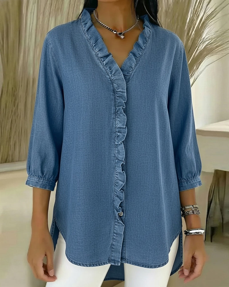 Ruffle V-Neck Denim Blouse