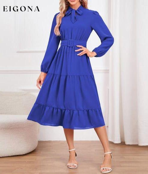 Tie Neck Long Sleeve Tiered Dress Navy clothes H.Y.G@E Ship From Overseas