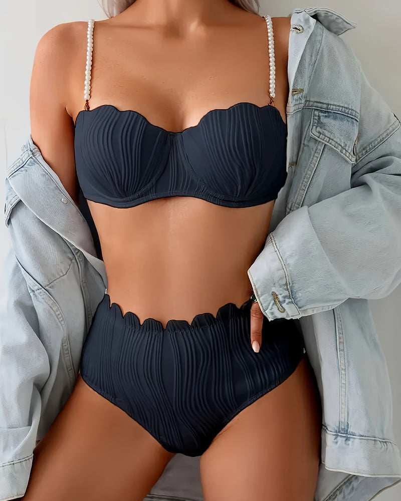 Pearl Strap Textured Scallop Trim Bowknot Bikini