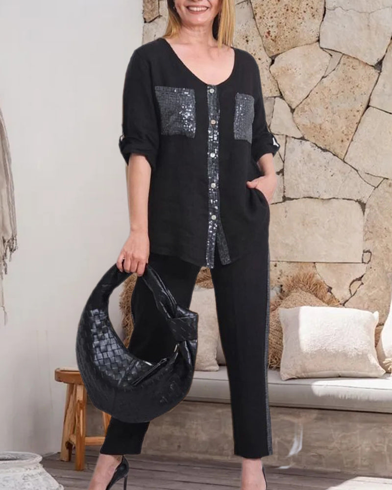 Round neck sequined casual top blouses & shirts spring summer