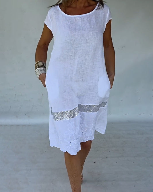 Round Neck Short Sleeve Solid Color Dress