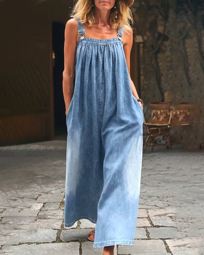 Washed Denim Overalls Wide-Leg Jumpsuit