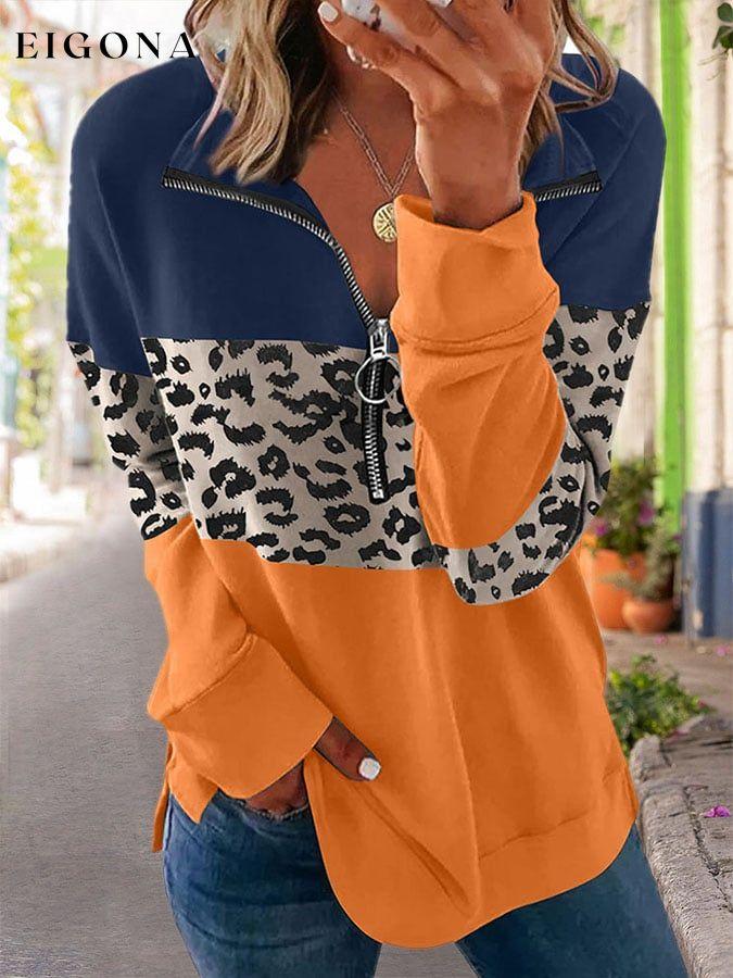 Loose Panel Leopard V-Neck Long Sleeve Sweatshirt top tops