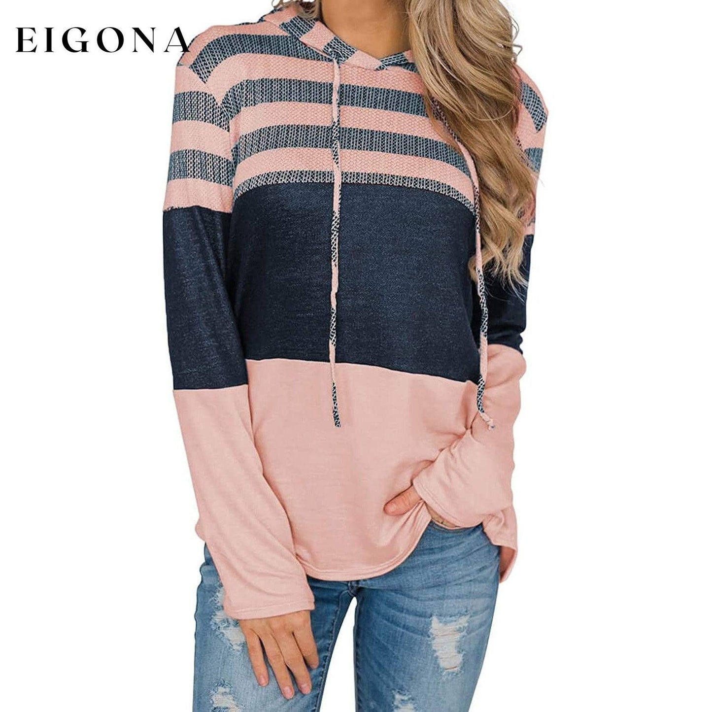 Women Long Sleeve Striped Color Block Casual Hoodies Light Pink __stock:500 clothes refund_fee:1200 tops