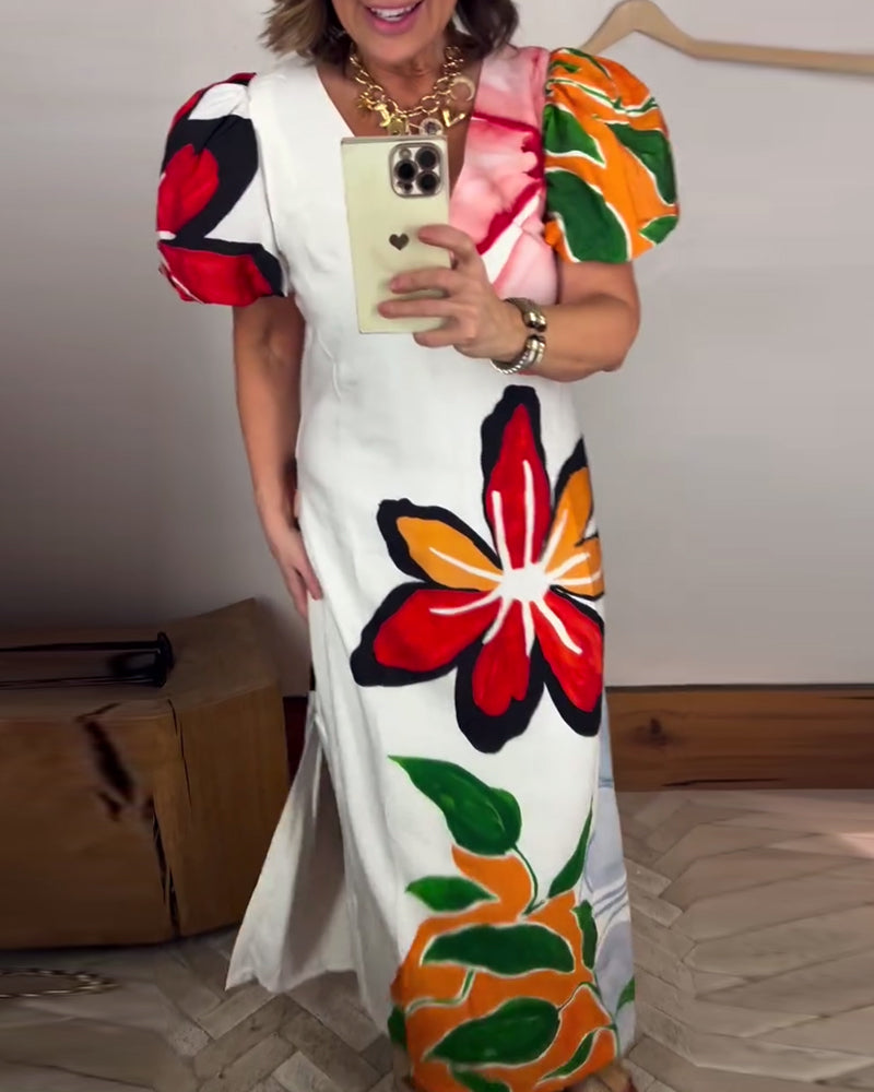 Puff Sleeve V-Neck Floral Temperament Long Dress