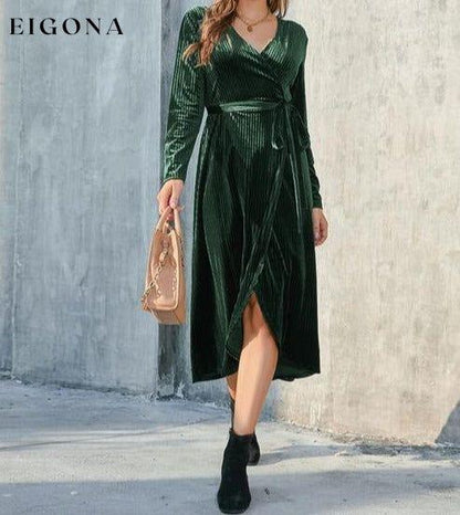 Tie Front Long Sleeve Slit Dress A@Y@Y clothes Ship From Overseas