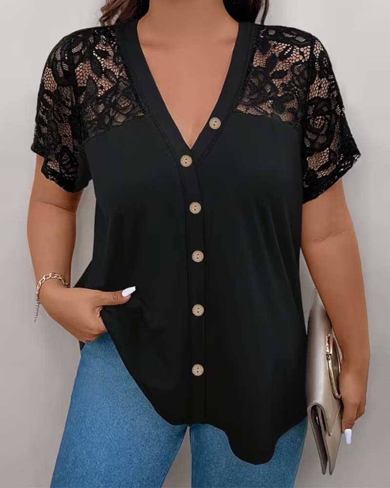 Lace Stitching V-Neck Wooden Button Blouse