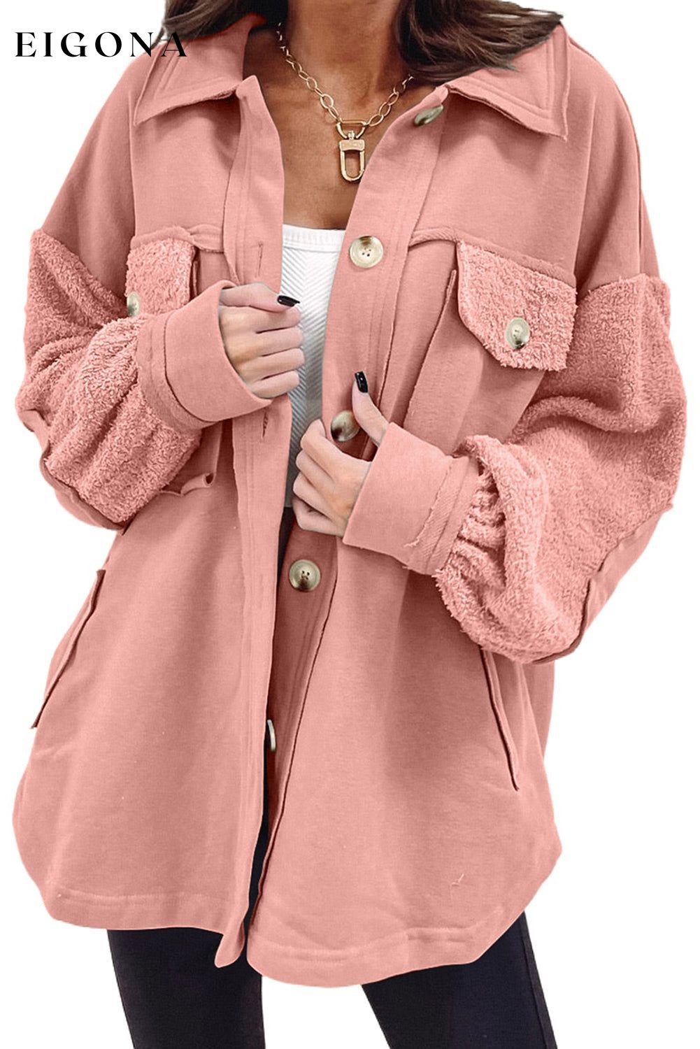 Peach Blossom Exposed Seam Elbow Patch Oversized Shacket All In Stock Category Shacket clothes Color Pink EDM Monthly Recomend Fabric Fleece long sleeve shirts long sleeve top Occasion Daily Print Solid Color Season Winter shirt shirts Style Southern Belle top tops