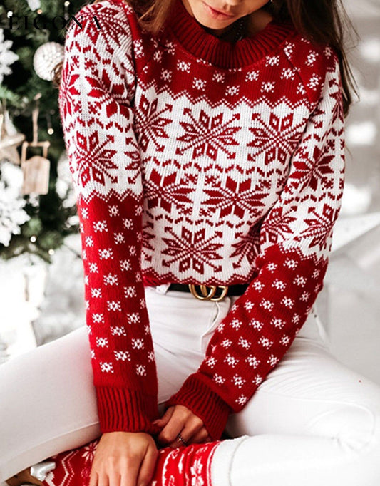 Snowflake Round Neck Sweater Deep Red Christmas christmas sweater clothes Ship From Overseas Shipping Delay 09/29/2023 - 10/04/2023 Y@Y@D@Y