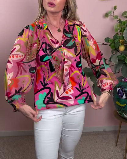 Bunte Bluse mit Laternenärmeln und Stehkragen