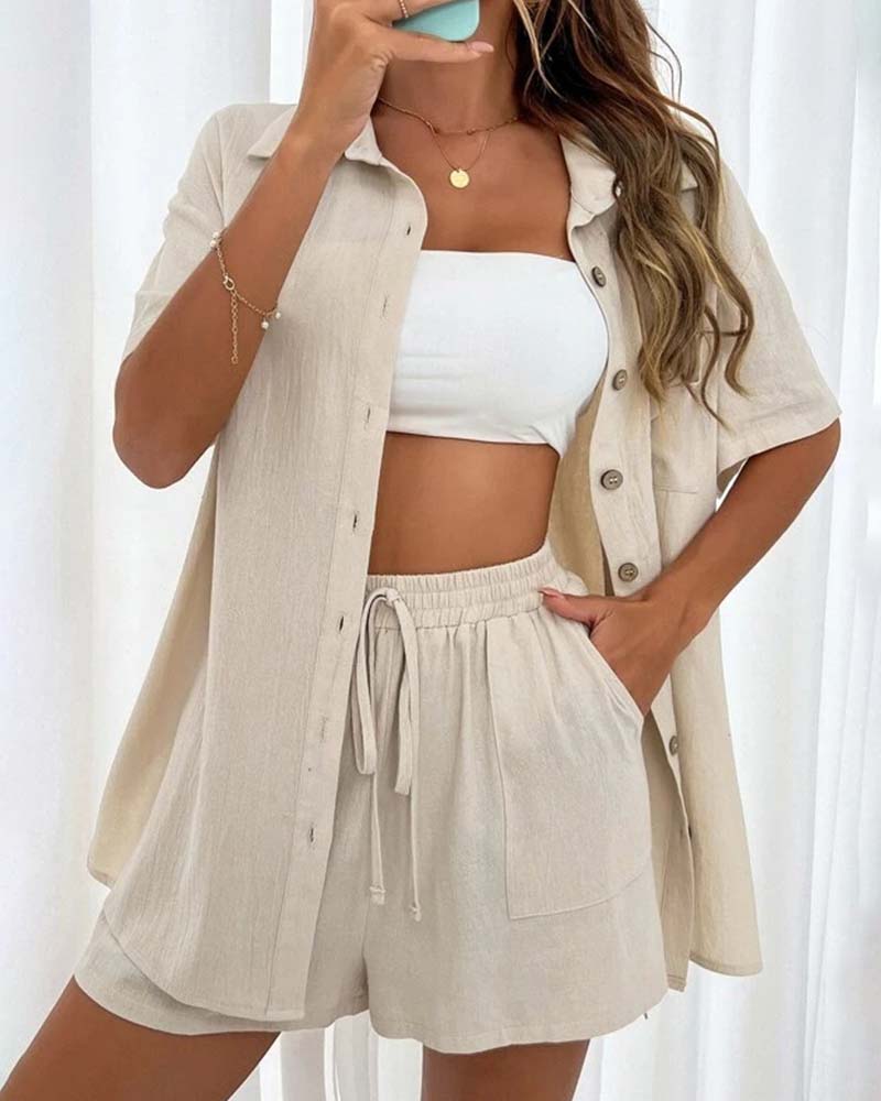 Casual solid color shirt and shorts set 202466 summer two-piece sets