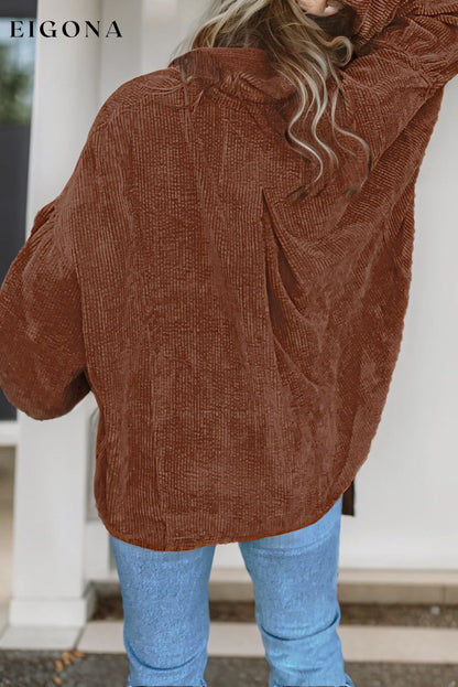 Coffee Textured Corduroy Puff Sleeve Shacket clothes Fabric Corduroy Hot picks Occasion Daily Print Solid Color Season Fall & Autumn Style Western