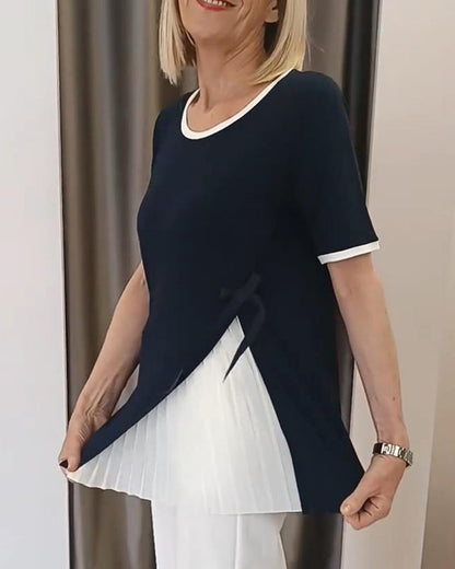 Bluse mit Rundhalsausschnitt und Kontrastfalten