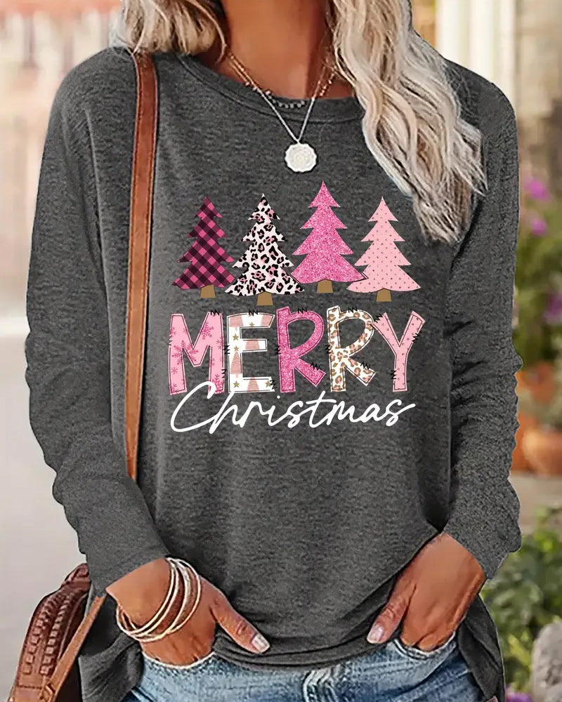 Festive Holiday Cheer Print Long Sleeve Crew Neck Top 2024 f/w blouses & shirts christmas spring