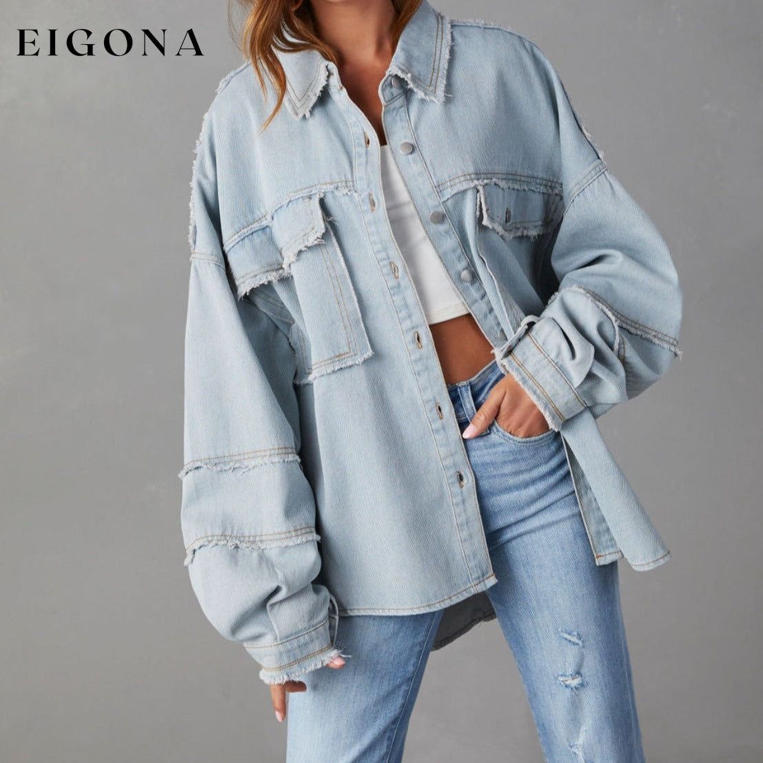 Dropped Shoulder Raw Hem Jacket Misty Blue clothes Denim Jacket Jacket long sleeve top Outerwear Ship From Overseas Shipping Delay 09/29/2023 - 10/02/2023 X@Y@K
