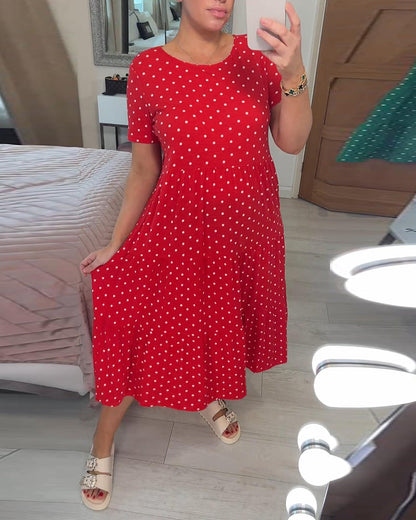 Polka dot print round neck short sleeve dress casual dresses summer