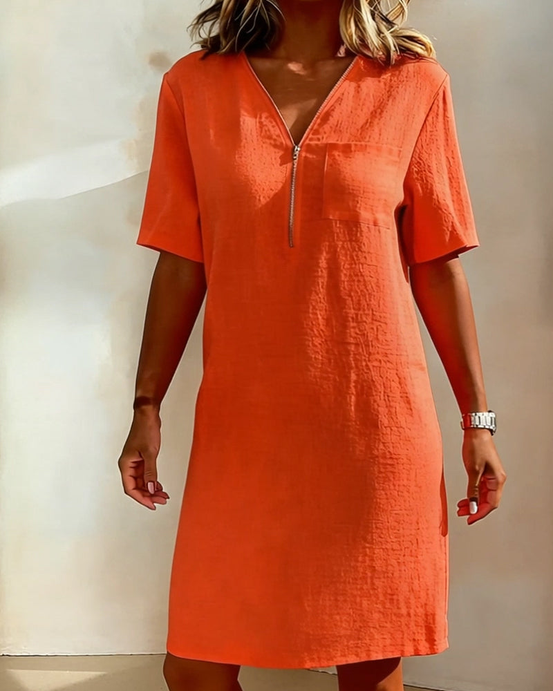 V-Neck Half Zipper Dress