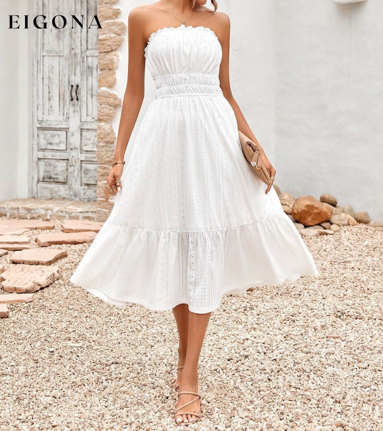 Frill Trim Strapless Midi Dress White casual dress casual dresses clothes dress dresses midi dress S.N Ship From Overseas