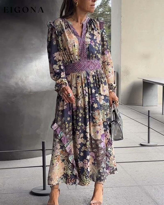 Elegant waisted V-neck floral long dress casual dresses spring summer