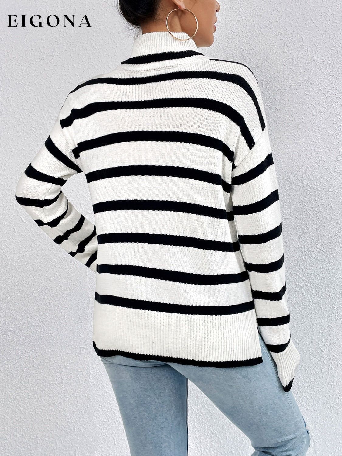 Striped Turtleneck Drop Shoulder Sweater clothes long sleeve shirt Ship From Overseas striped sweater sweater Yh