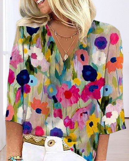 Colorful floral print V-neck three-quarter sleeve casual shirt blouses & shirts spring summer