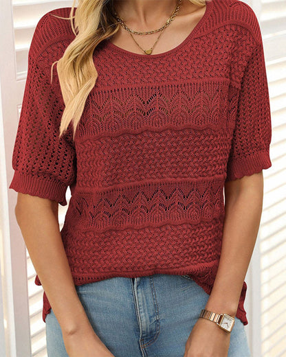 Women's Round Neck Hollow Knit Crochet Short Sleeve Sweater