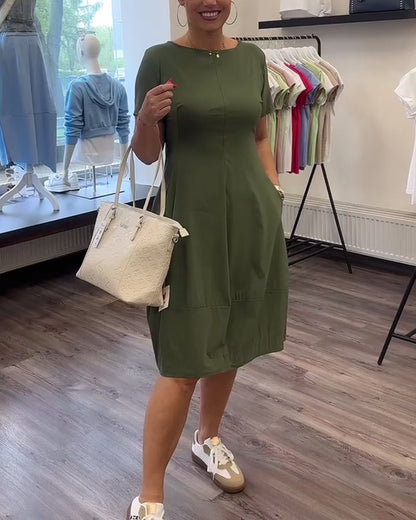 Round Neck Solid Color Waist Pocket Dress