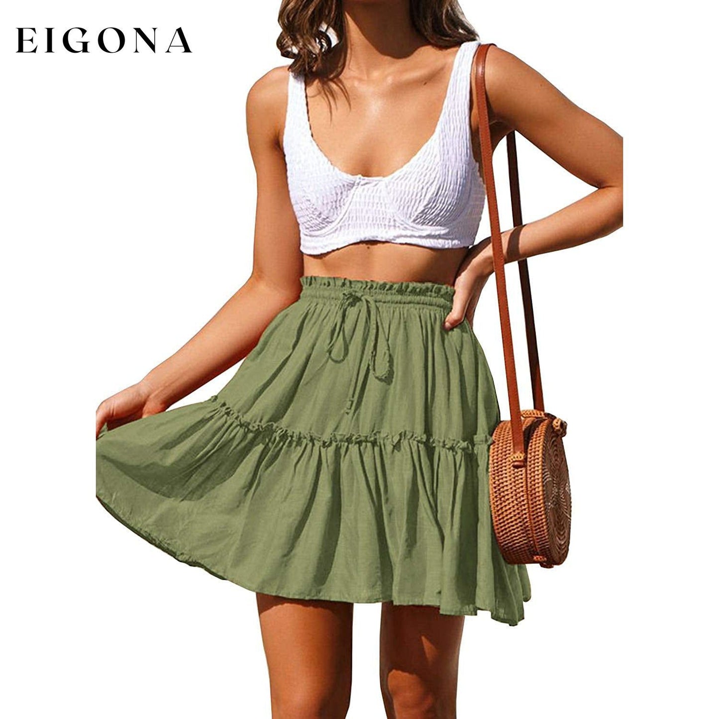 Women's Ruffled Boho A Line Skater Mini Skirt Olive Green __stock:200 bottoms refund_fee:800