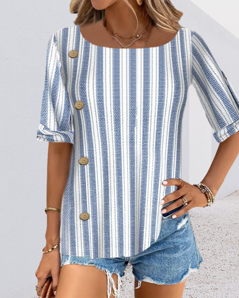 Round neck wooden button vertical striped casual top 2024 f/w blouses & shirts spring