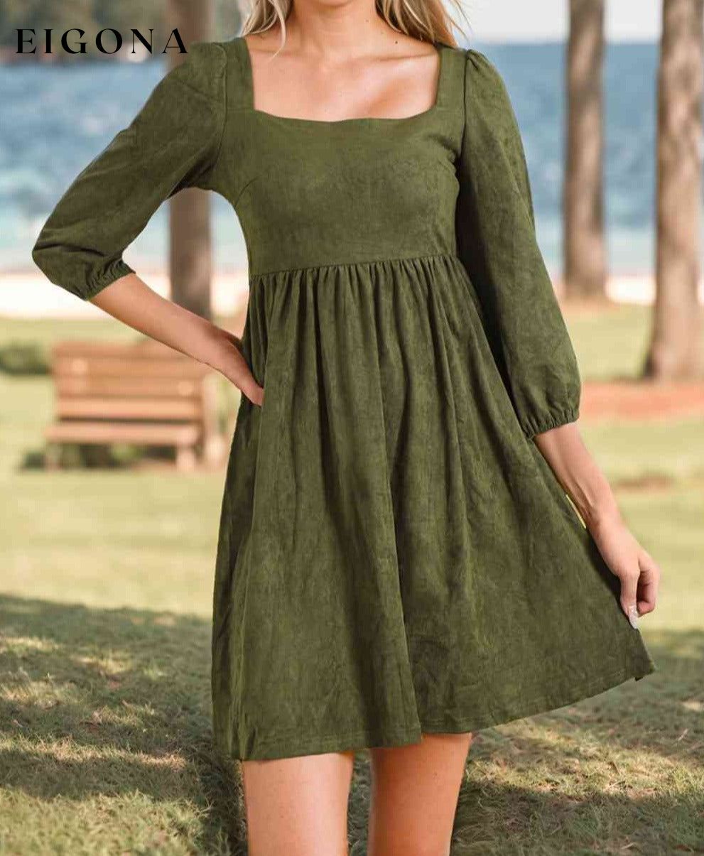 Square Neck Three-Quater Sleeve Mini Dress casual dresses clothes dress dresses dressss long sleeve dresses long sleve dresses Ship From Overseas short dress short dresses SYNZ