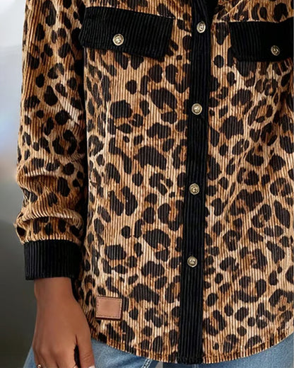 Lapel Leopard Print Corduroy Shirt