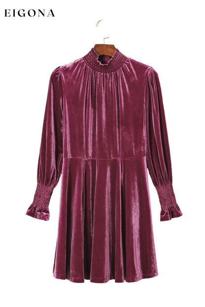 Burgundy Long Sleeve Dress, Smocked High Neck Flounce Sleeve Velvet Dress All In Stock casual dresses clothes Color Pink Day Valentine's Day dress dresses EDM Monthly Recomend Fabric Velvet long sleeve dress long sleeve dresses Occasion Daily Print Solid Color Season Winter short dresses Silhouette A-Line Style Southern Belle