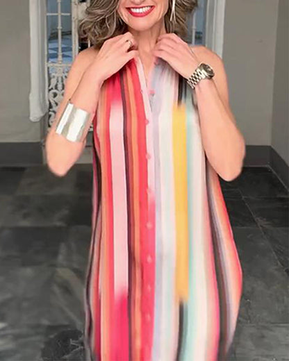 Ärmelloses Button-Down-Kleid mit buntem Streifenmuster und Revers